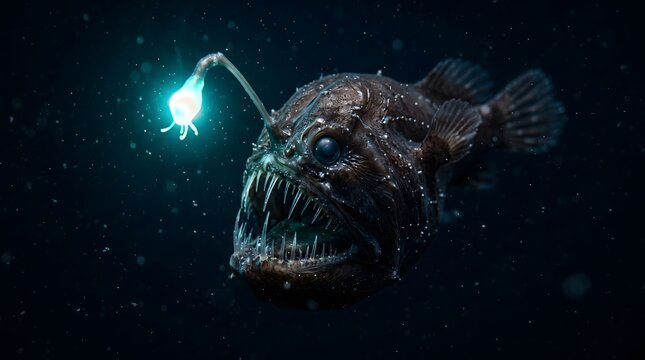 Deep sea anglerfish with glowing lure in dark water