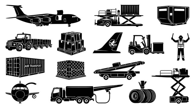 Air Cargo Transport Icons: Airplane, Truck, Forklift, Container, Cargo Loading Set