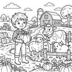 Naklejka premium Boy Farmer with Farm Animals and Pumpkins Coloring Page