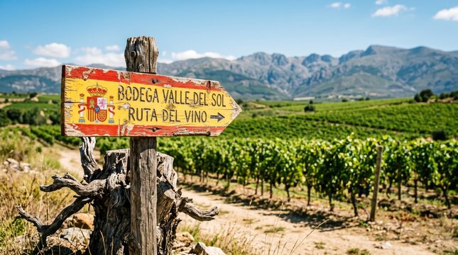 Vineyard sign points to bodega valle del sol on ruta del vino with mountains