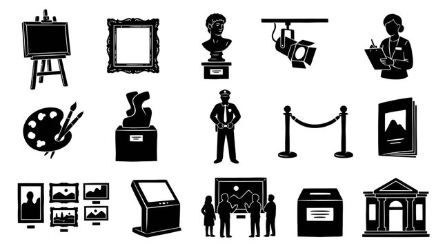 Museum and Art Gallery Glyph Icons Set - Black and White Vector Collection for Culture and Exhibition