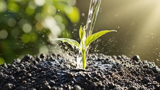 Gentle water stream nourishing fresh green sapling in dark soil