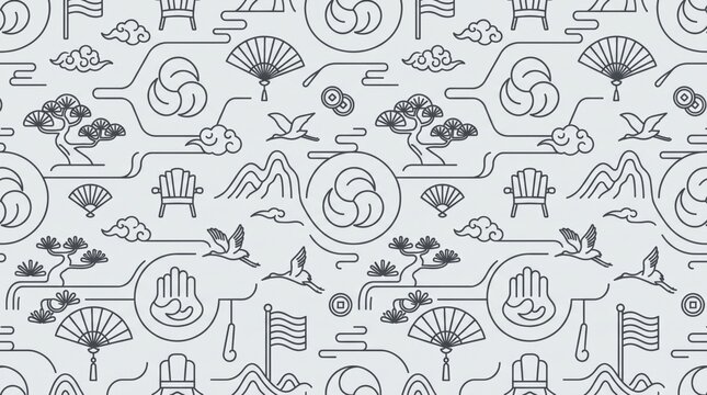 Minimalist south korean traditional pattern seamless wallpaper design with line art motifs, seamless