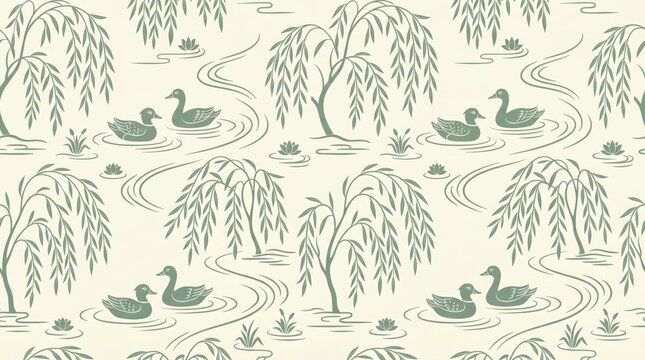 Seamless south korean willow tree and duck pattern traditional illustration with traditional