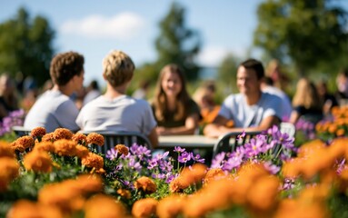 Fototapeta premium Friends and young people socializing in a sunny garden with blooming summer flowers