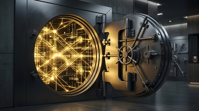 Heavy steel vault door open with illuminated futuristic cyber circuit board and database network