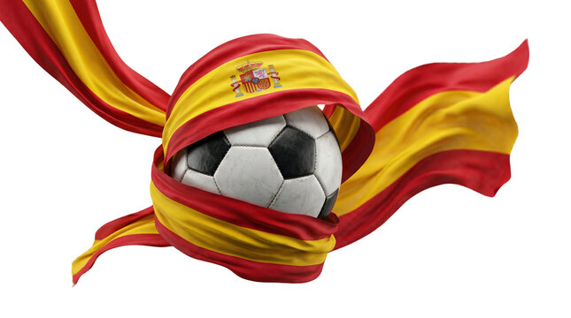 Soccer ball wrapped in the Spanish flag with flowing fabric against a white background symbolizing national pride and sport