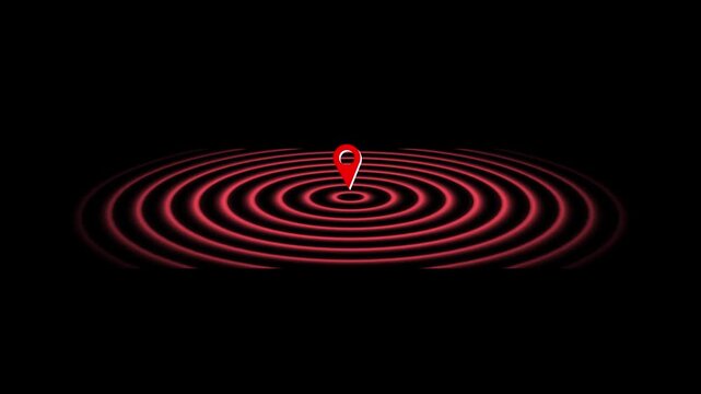 Red location pin map pointer animation with glowing concentric radio waves pulsing on black background as gps navigation tracking symbol for digital positioning logistics technology footage