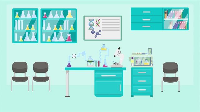 Animated 2D flat design background scene of a Lab