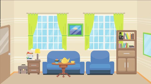 Animated 2D flat design background scene of a Living Room