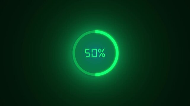 Loading animation on black background digital display showing progress bar with percentage increasing from zero to one hundred percent computer software installation or file download.