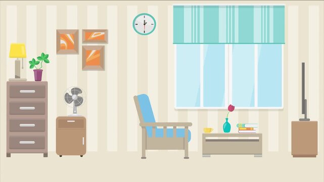 Animated 2D flat design background scene of a Living Room