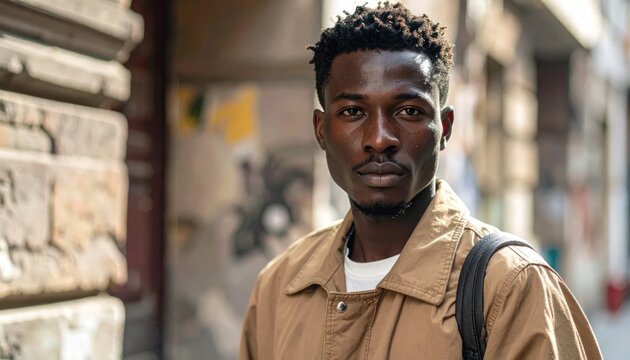 Confident young Black man with backpack in urban environment.