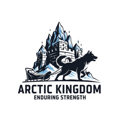 Detailed illustration of husky pulling sled toward snowy fortress. Perfect for adventure travel and winter branding. © RealScene