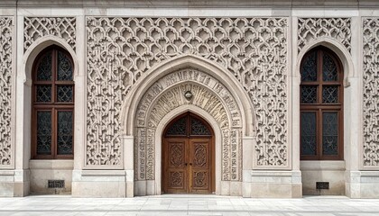 Obraz premium Intricate facade with ornate patterns and central wooden door.