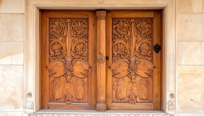 Obraz premium Intricate floral hand-carved wooden double doors in stone.