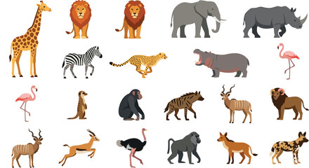African Safari Animal Vector Set Featuring Giraffe Lion Elephant Rhinoceros Zebra Cheetah Hippopotamus Flamingo Meerkat Chimpanzee and Hyena Flat Character Icons © Ismail