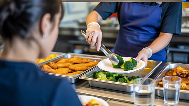 School cafeteria worker serving healthy lunch to student