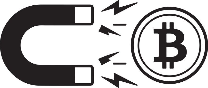 Black horseshoe magnet attracting a golden bitcoin coin icon illustration