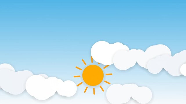Bright Yellow Sun Shining Through White Fluffy Clouds in a Clear Blue Sky Summer Nature Illustration Vector Background