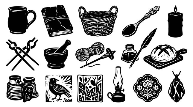 Medieval Fantasy Rustic Craft Handcrafted Objects Black and White Woodcut Style Icon Set