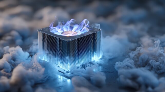 Futuristic CPU cooler heatsink with glowing blue flames and cold vapor smoke, powerful high-tech computer processor cooling concept