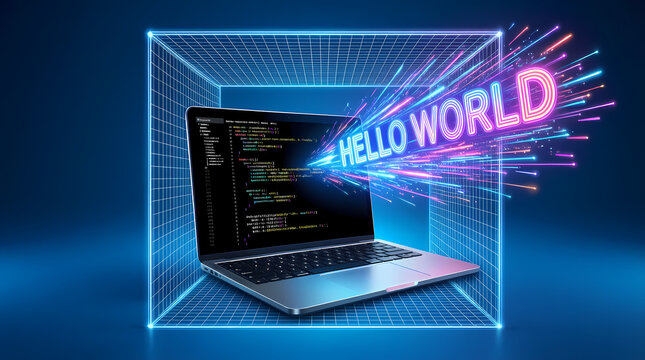 A laptop displays code emitting a neon 'Hello World' message within a digital grid.