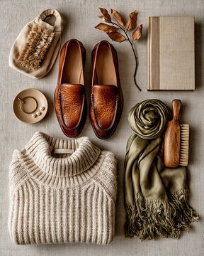 Eco minimalist fashion flatlay with sweater shoes and accessories