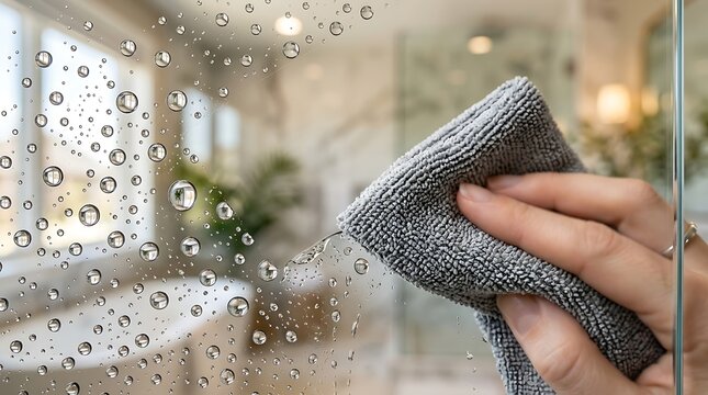 Close-up of a hand wiping a steamy glass surface with a microfiber cloth, leaving a clear path amidst water droplets, suggesting cleaning or hygiene