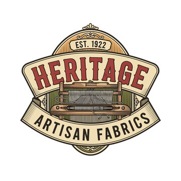 Antique loom illustration for heritage fabric manufacturers.