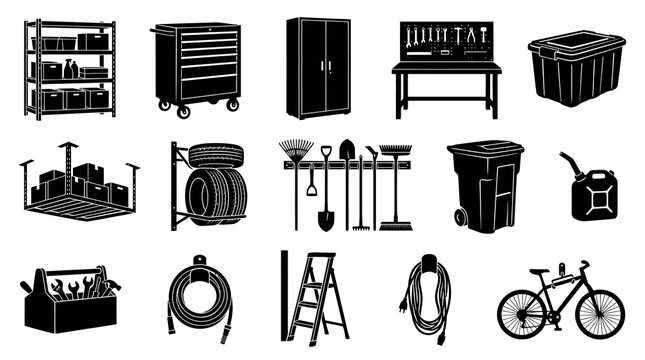 Garage Storage Solutions: Shelving, Tool Chest, Cabinet, Workbench, Bin, Tires, Ladder  Bike