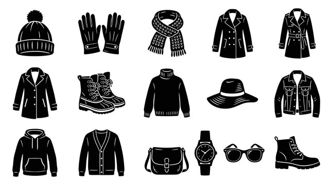 Winter Clothing Accessories Icons Set, Black and White Vector Art