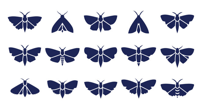Moth silhouette icons in minimalist dark blue style