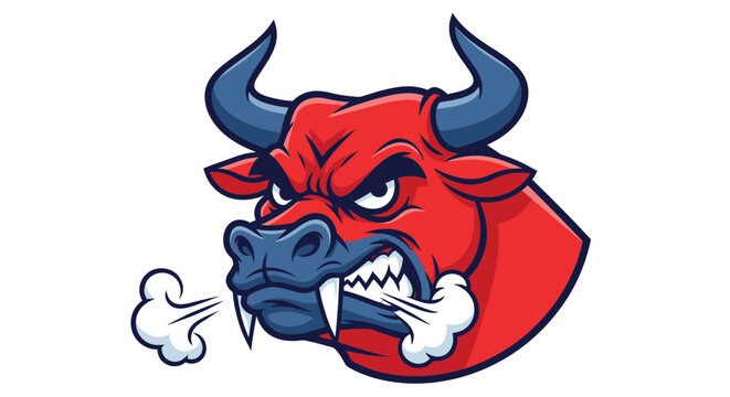 Angry red bull head mascot snorting steam with sharp horns