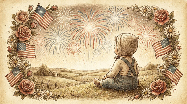 Nostalgic 4th of July artwork with a baby, flowers, and small American flags