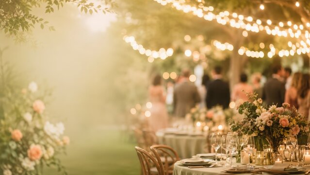 Outdoor Wedding Reception with String Lights and Floral Decor