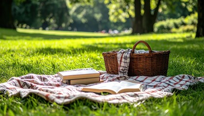 Fototapeta premium Picnic scene a wicker basket, books, and blanket on green grass in a sunlit park
