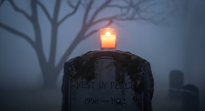 Candle Burning on Memorial Stone with Text &ldquo;Rest in Peace&rdquo; and Years 1998&ndash;1882, Symbolic Mourning for Remembrance and Loss