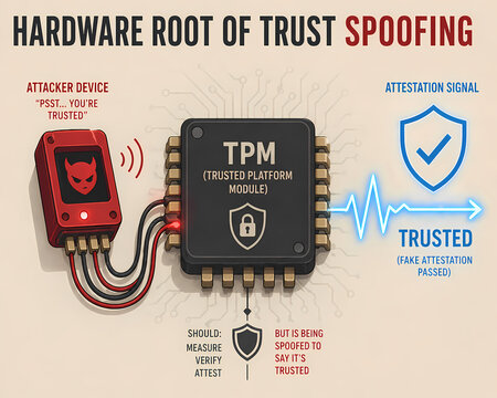 An illustration depicts a malicious device attempting to spoof a Trusted Platform Module (TPM) for hardware root of trust attacks.