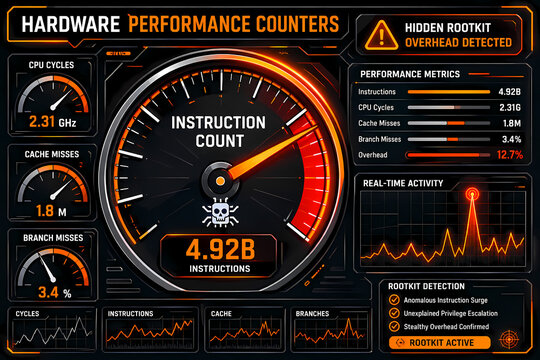Digital dashboard displays hardware performance metrics and rootkit detection alerts.
