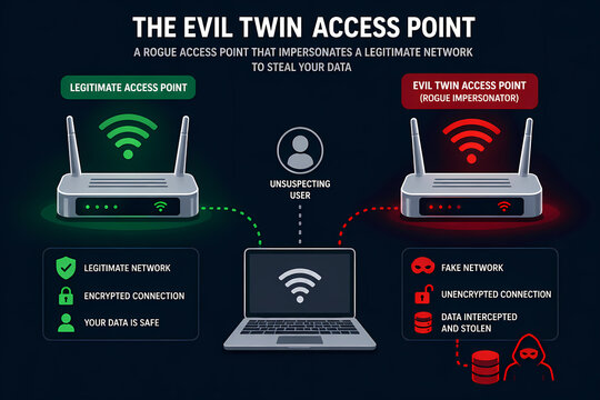 An illustration explains how an evil twin Wi-Fi access point can steal user data.