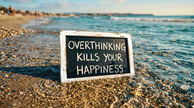 Chalkboard sign on beach says overthinking kills your happiness