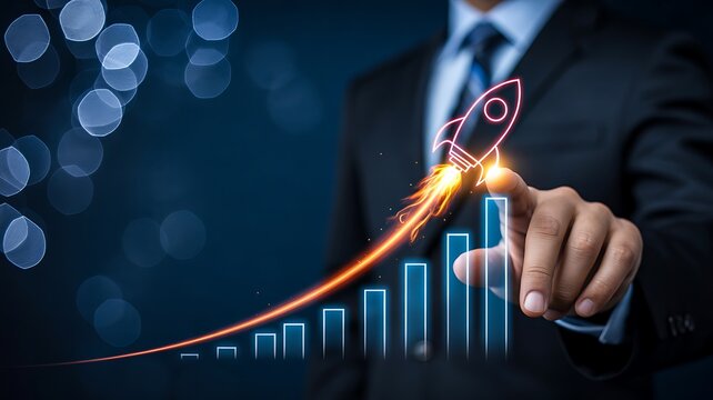 Business growth and startup success concept with rocket launch and financial chart