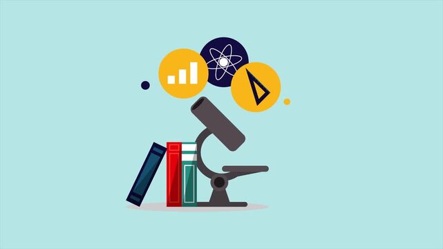 A microscope sits on a stack of books with data analysis icons floating above.