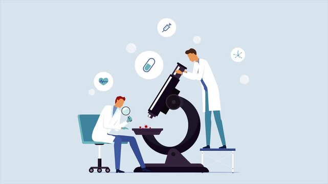 Two scientists examine a specimen with a microscope in a laboratory setting.