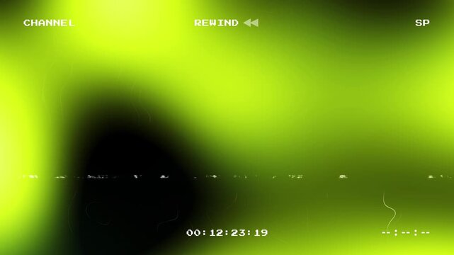 VHS Rewind Effect with Green Light Leaks and Analog Glitch Overlay on Black Background featuring Retro On Screen Display Timer and Static Noise for Vintage Video Production