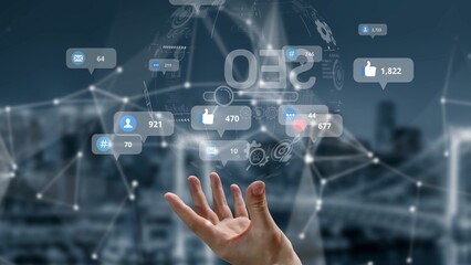 Naklejka premium Social media marketing strategy with engagement metrics. Social marketing boosts media visibility. Social media marketing drives traffic. Social media marketing increases engagement. Muxer