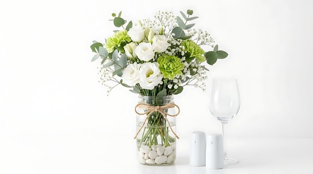 Elegant rustic floral arrangement with white lisianthus and green flowers in a mason jar on a white table setting.
