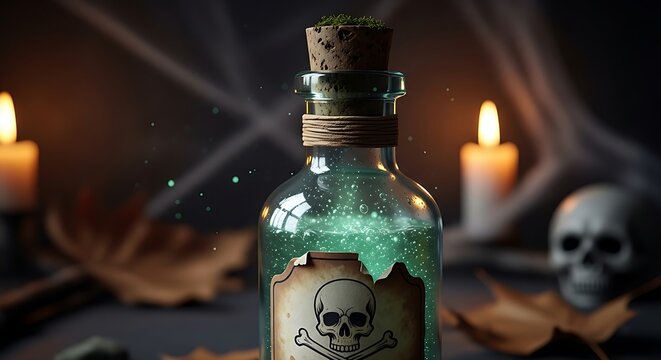 Potion Bottle with Glowing Green Liquid, Skull Label and Herb Plant Sprig for Spooky Halloween Fantasy Marketing Concept