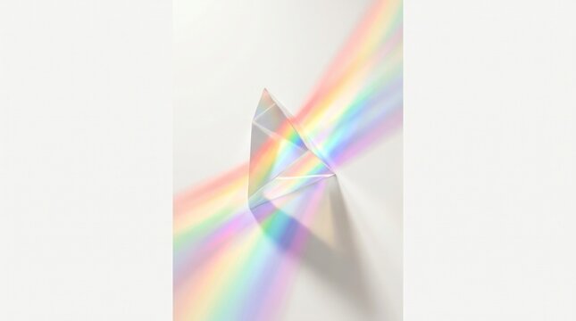 A triangular prism refracts white light into a spectrum of rainbow colors on a white background.